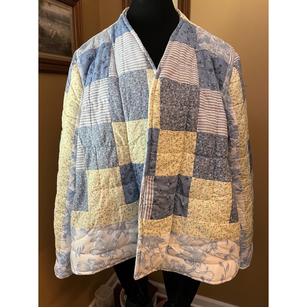 Repurposed Quilt Jacket, Blue & Yellow Fit N Flare, Size Large